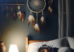 meaning behind dream catchers _ A serene night setting with the completed dream catcher hanging above a peacefully sleeping child. The room is dimly lit by a soft nightlight, and the dream catcher is positioned as a symbolic guardian, embodying the belief in its power to ensure tranquil sleep and good dreams.
