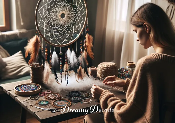meaning dream catchers _ A person of indeterminate descent, sitting at a table in a well-lit, cozy room, is intently weaving the intricate web of a dream catcher. They are surrounded by colorful beads and feathers, with a half-completed dream catcher showing an elaborate pattern.