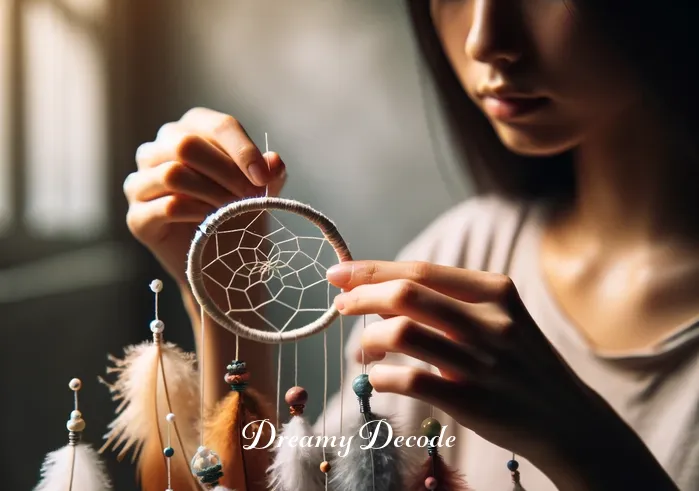 meaning dream catchers _ The same individual, now attaching delicate feathers and beads to the dream catcher, each feather carefully selected for its color and size. The room