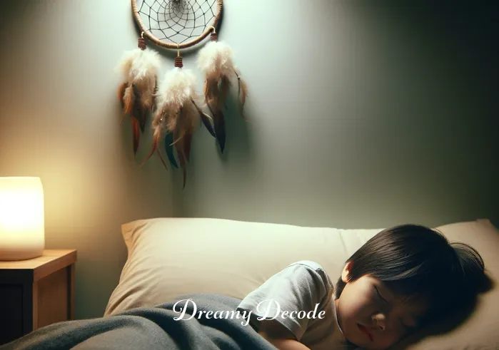 meaning dream catchers _ A child sleeping peacefully in a bedroom, with the dream catcher from the previous images hanging above the bed. The room is softly lit by a nightlight, casting a comforting glow over the sleeping child, suggesting the dream catcher's role in ensuring restful sleep.