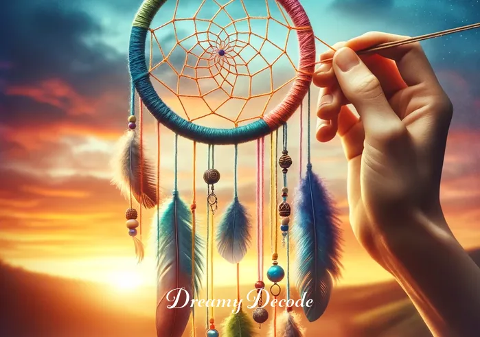 meaning of dream catchers _ A hand delicately weaving a dream catcher, intertwining colorful threads around a circular frame against a backdrop of a serene sunset. Symbols of peace and harmony, like feathers and beads, are added to the web, enhancing its mystical aura.