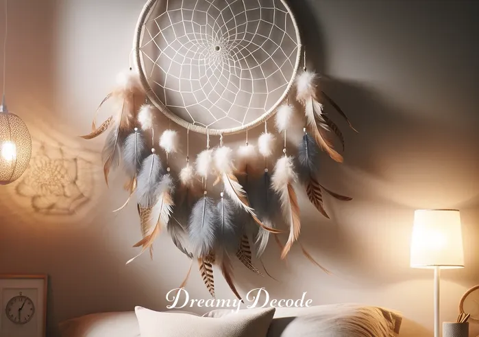 meaning of dream catchers _ A bedroom with soft, ambient lighting showcasing a finished dream catcher hanging above the bed. The dream catcher