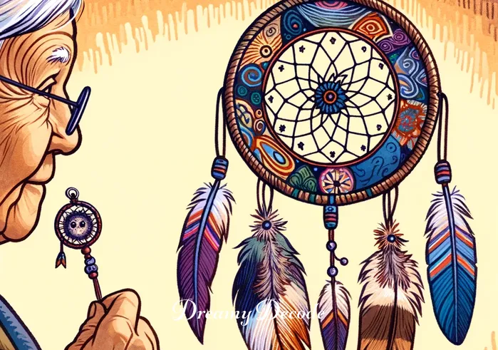 meaning of dream catchers _ A child, eyes filled with wonder, gazing at the dream catcher while listening to an elder narrate stories of its origin and significance in Native American culture, highlighting themes of guardianship against bad dreams and the catcher