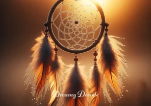 meaning of dream catchers _ A close-up of the dream catcher at dawn, bathed in the golden morning light. Dewdrops glisten on its threads, symbolizing new beginnings and the catcher's role in filtering dreams, allowing only the good ones to pass through and slide down the feathers to the sleeper.