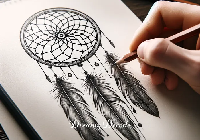 meaning of dream catchers tattoos _ A sketch of a hand holding a pencil, delicately drawing the outline of a dream catcher tattoo on a piece of paper. The design features a detailed webbed circle with feathers dangling from its base, symbolizing the beginning of a creative journey in tattoo art related to dream catchers.