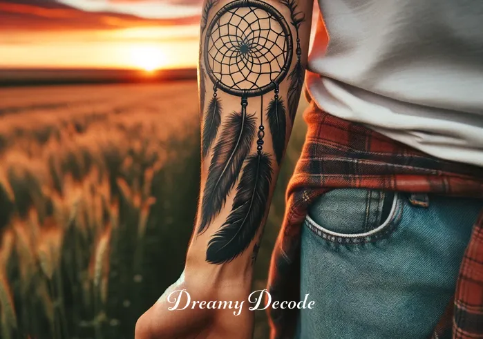 meaning of dream catchers tattoos _ A person with the dream catcher tattoo on their forearm, standing in a field during sunset. The tattoo is visible against the backdrop of a vivid sky, illustrating the personal significance and connection of the tattoo with nature, freedom, and spirituality, resonating with the deeper meanings discussed in the article.