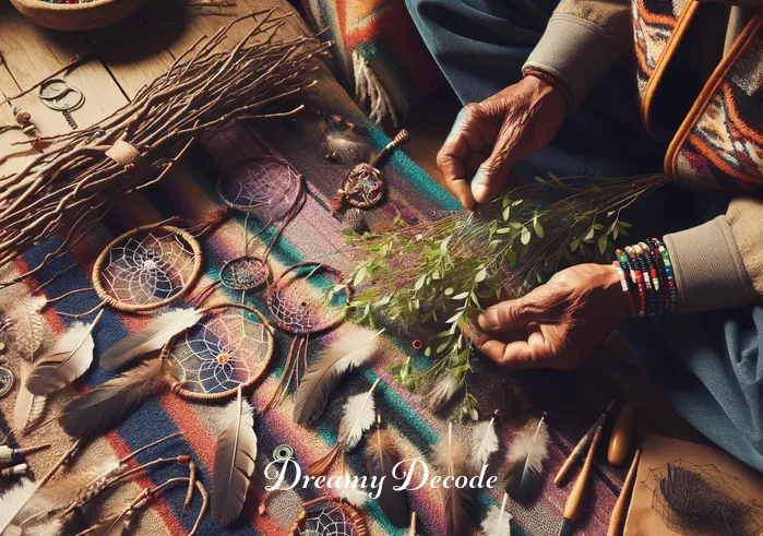 navajo dream catchers meaning _ A Navajo artisan selecting and preparing natural materials such as feathers, beads, and willow branches for dream catcher crafting, conveying a sense of cultural tradition and artistry.