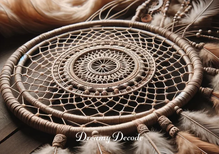 navajo dream catchers meaning _ The creation of a dream catcher, showing intricate weaving of the web-like pattern within a circular frame, symbolizing the Navajo belief in capturing negative dreams and allowing positive dreams to pass through.