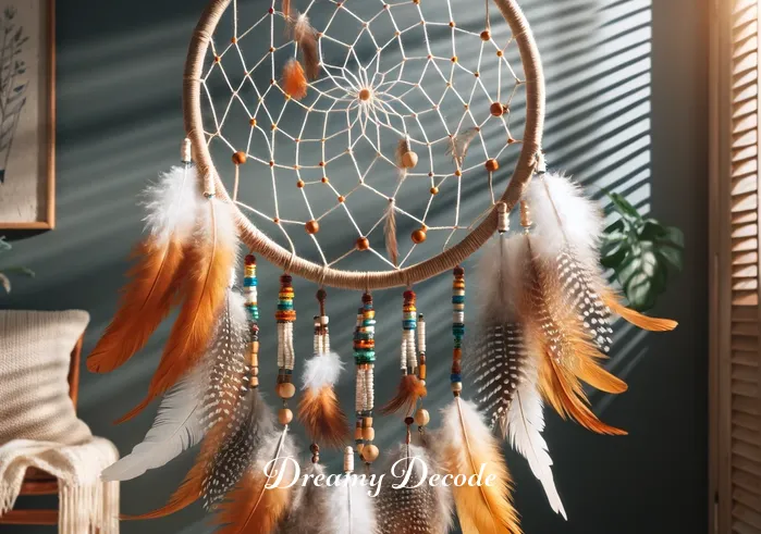 navajo dream catchers meaning _ A completed Navajo dream catcher, beautifully adorned with feathers and beads, hanging in a serene, sunlit room, illustrating its use in home décor and spiritual protection during sleep.