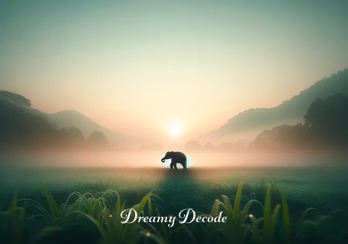 baby elephant dream meaning _ A serene landscape at dawn, with a gentle mist hovering over a lush, green meadow. In the center, a baby elephant stands alone, its small silhouette highlighted by the soft morning light. The elephant appears calm and contemplative, symbolizing the beginning of a journey or a new realization in the dreamer