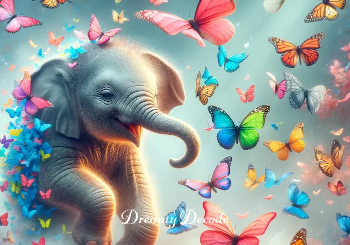 baby elephant dream meaning _ A dreamlike scene where the same baby elephant is playfully interacting with a group of butterflies. The butterflies, in various vibrant colors, flutter around the elephant, which seems delighted and curious. This symbolizes joy, light-heartedness, and a sense of freedom in the dreamer