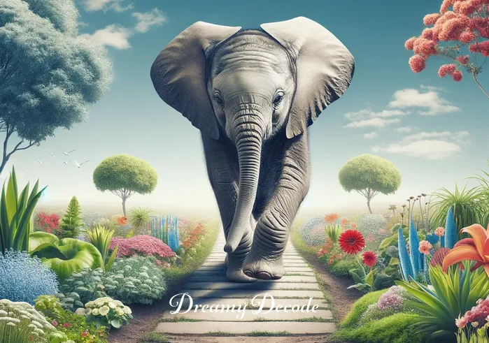 baby elephant dream meaning _ An image depicting the baby elephant walking along a path lined with various flowering plants and trees, under a clear blue sky. The elephant