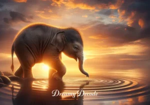 baby elephant dream meaning _ A final scene showing the baby elephant reaching a tranquil pond at sunset. The elephant gently touches the water with its trunk, creating ripples that reflect the warm hues of the sky. This signifies the culmination of a journey, representing peace, understanding, and a deeper connection with oneself or the world.