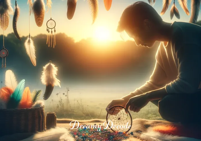 spiritual meaning of dream catchers _ A serene scene where a person is carefully selecting feathers and beads under the soft glow of the sunrise. The background shows a peaceful, natural landscape, symbolizing the beginning of a spiritual journey with dream catchers.