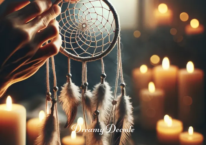 spiritual meaning of dream catchers _ A detailed view of skillful hands weaving a dream catcher. Intricate patterns form as the web takes shape, against a backdrop of softly lit candles, adding a sense of tranquility and sacredness to the craft.