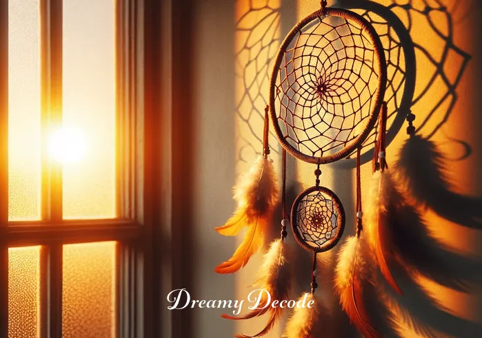 spiritual meaning of dream catchers _ A dream catcher hangs gracefully in a window, bathed in the golden light of the setting sun. Its shadow casts an intricate pattern on the wall, symbolizing the trapping of bad dreams and the passage of good ones.