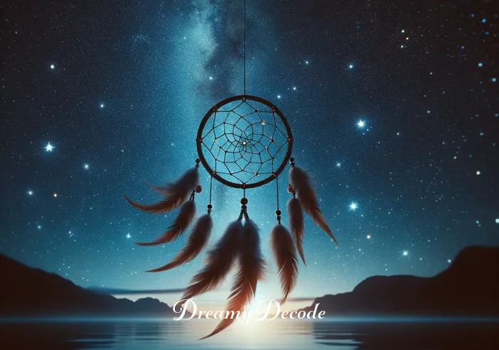 spiritual meaning of dream catchers _ A night scene with a dream catcher gently swaying in the breeze under a starry sky. The stars seem to align with the dream catcher's design, creating a sense of harmony and connection with the universe.