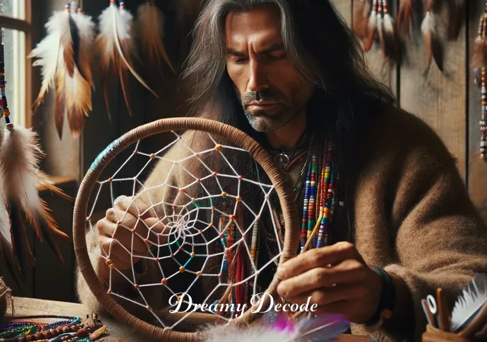 the meaning of dream catchers _ A Native American artisan sits at a wooden table, surrounded by colorful beads and feathers, beginning to weave a dream catcher. The circular frame is held in one hand, while the other weaves the intricate webbing with a focused expression.