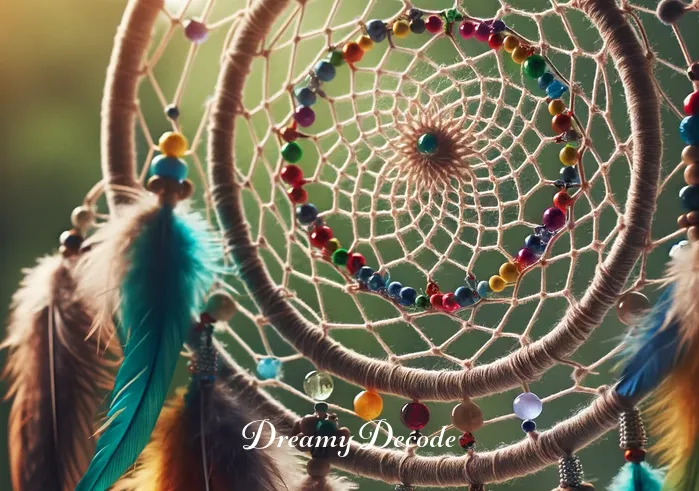 the meaning of dream catchers _ The dream catcher is halfway completed, showing the detailed webbing within the circular frame. A variety of feathers and beads are attached to the bottom of the frame, adding color and texture. The background is filled with soft, natural light, emphasizing the craftsmanship.