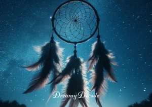 the meaning of dream catchers _ An outdoor scene at night under a starry sky, where the dream catcher is gently swaying in a light breeze. The stars peek through the webbing, symbolizing the catcher's role in filtering dreams and protecting the sleeper from nightmares.