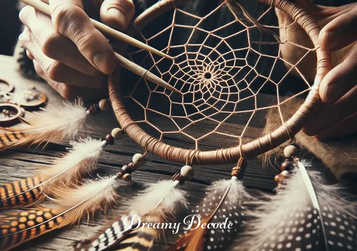 what is the meaning behind dream catchers _ A handcrafted dream catcher is being created by an artisan, with intricate weaving of the web inside a wooden hoop, adorned with feathers and beads, symbolizing the dream catcher
