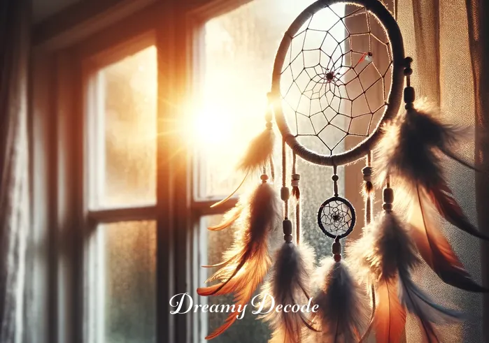 what is the meaning behind dream catchers _ A close-up of the dream catcher as it sways gently in a light breeze by the window, showcasing its detailed craftsmanship. The morning sun rays peek through, highlighting the belief that the bad dreams caught in the web are destroyed by the first light of dawn.