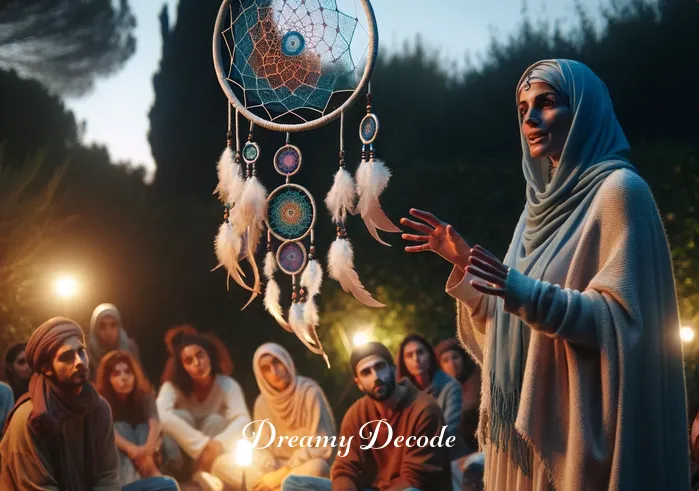 what is the meaning of dream catchers _ An outdoor gathering at dusk, featuring a Middle-Eastern woman sharing stories about dream catchers to a captivated, diverse audience. The setting is calm and intimate, with soft lighting and a large dream catcher suspended from a tree. The woman gestures towards the dream catcher while explaining its symbolism in capturing bad dreams and allowing good dreams to pass through, tying back to the article