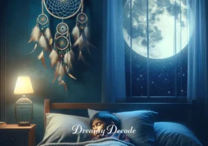 what is the meaning of dream catchers _ A serene bedroom scene at night, showcasing a dream catcher above the bed where a child of Hispanic descent is sleeping peacefully. The dream catcher, illuminated by moonlight, is detailed with intricate weaving and colorful beads. This image represents the culmination of the dream catcher's purpose as described in the article, symbolizing protection, peace, and the filtration of dreams, ensuring a restful sleep.