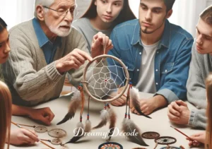 what's the meaning of dream catchers _ A group of people gathered around a table, learning about the cultural significance and history of dream catchers. An elder is pointing to different parts of a dream catcher, explaining their meanings, while listeners show expressions of curiosity and respect.