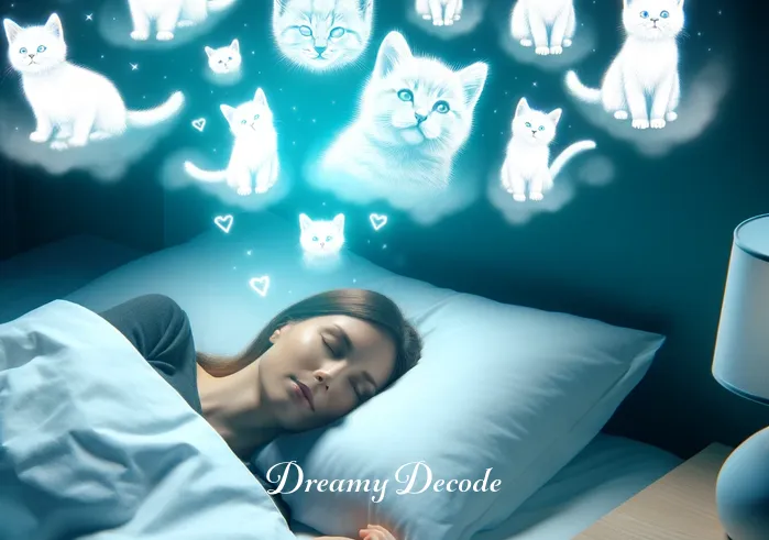 cats dream meaning _ A person peacefully sleeping in their bed with a serene expression, surrounded by soft, glowing illustrations of cats floating around them, representing the beginning of a dream about cats.