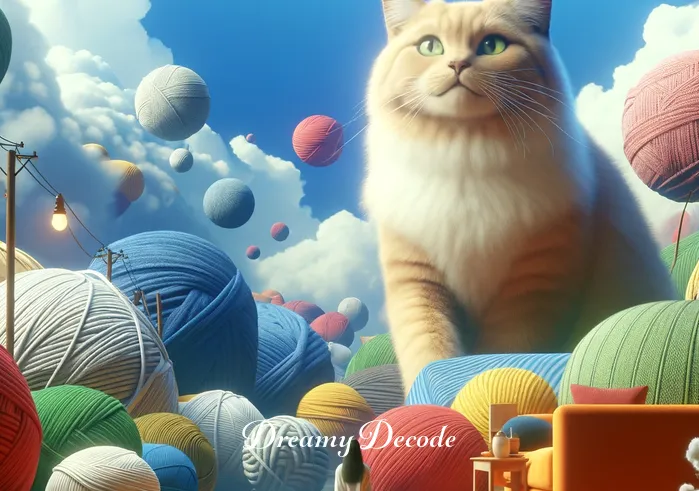 cats dream meaning _ The dream intensifies, showing a surreal landscape where giant, friendly cats roam amidst oversized household items like balls of yarn and cushions, symbolizing a dreamer