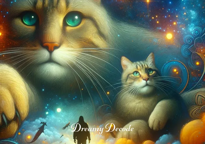 cats dream meaning _ The dreamer, now depicted as a small figure, is seen interacting with the giant cats, symbolizing a deeper connection and exploration of the meanings behind their presence in the dream.