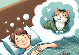 cats dream meaning _ The final scene shows the dreamer waking up in their bed, smiling contentedly, with a small, real cat peacefully sleeping at their feet, representing the end of the dream and a return to reality.