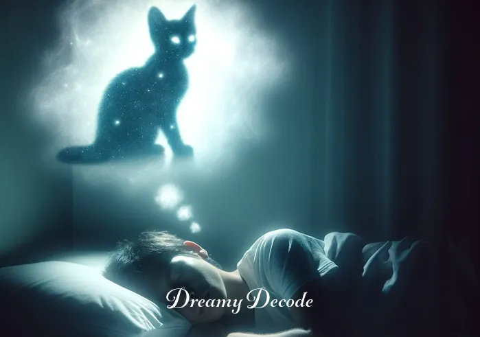 cats in a dream meaning _ A serene bedroom setting with a soft, glowing light. A person is asleep, and a shadowy figure of a cat is visible in the dream cloud above their head. The cat appears mystical and enigmatic, symbolizing the beginning of a dream journey.