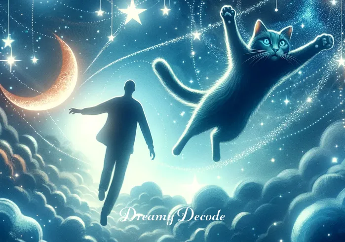 cats in a dream meaning _ The dream sequence progresses with the cat leading the person through a starlit sky. They appear to be flying together, surrounded by twinkling stars and a crescent moon, representing freedom and transcendence in the dream world.