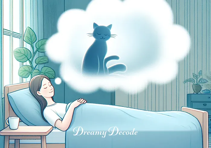 cats in a dream meaning _ The final scene shows the person waking up in the same serene bedroom, with a gentle smile on their face. The dream cloud dissipates, leaving a faint image of the cat, symbolizing the lingering, positive impact of the dream experience.