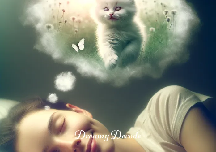cats in dream meaning _ A person peacefully sleeping with a soft smile, surrounded by a faint, ethereal glow. In the dream bubble above their head, a small, fluffy white cat is playfully chasing a butterfly in a sunlit meadow, symbolizing innocence and playfulness.