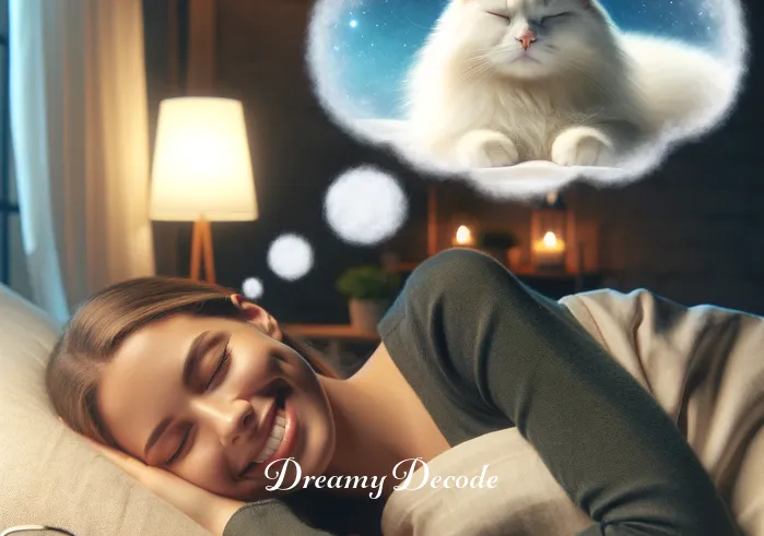 cats in dream meaning _ The sleeper smiling broadly, the dream bubble reveals the white cat lying contentedly in their lap, purring, in a cozy, warmly lit room. This scene conveys a sense of comfort, security, and the nurturing aspect of cats in dreams.
