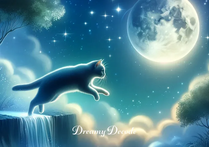 cats in dream spiritual meaning _ The dream progresses, showing the cat gracefully leaping over a small, shimmering stream under moonlight. This represents overcoming obstacles and flowing with the rhythm of life.