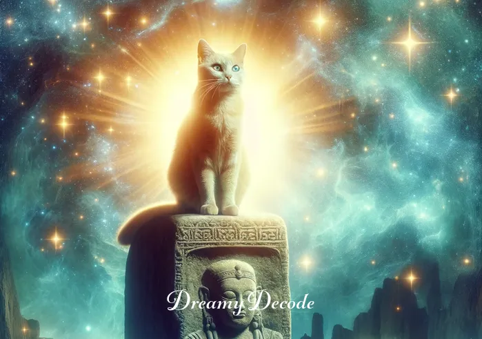 cats in dream spiritual meaning _ The cat in the dream now sits atop an ancient stone, surrounded by a glowing aura, symbolizing wisdom and enlightenment. Stars twinkle in the background, adding to the mystical atmosphere.