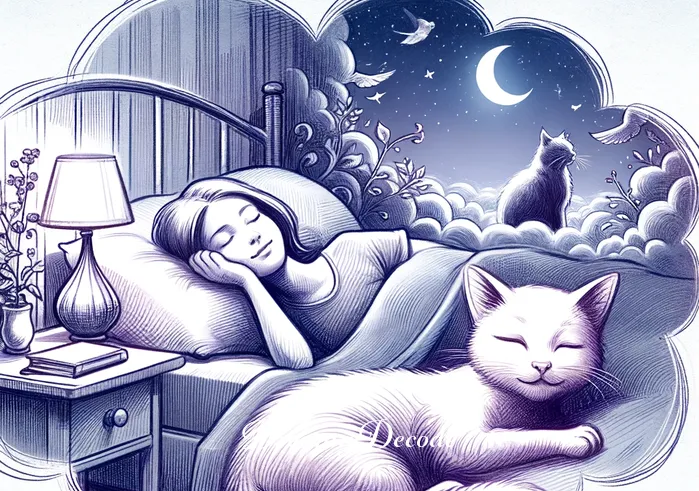 cats in dream spiritual meaning _ The final scene shows the dreamer waking up with a serene expression, a small, contented cat curled up at the foot of the bed, signifying the harmonious connection between the dream world and reality.