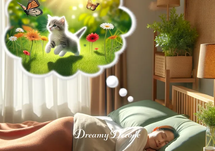 dream about cats meaning _ A person asleep in a cozy bedroom, dreaming of a small, playful kitten chasing a butterfly in a sunny garden. The dreamer smiles gently, suggesting a sense of happiness and tranquility in the dream.
