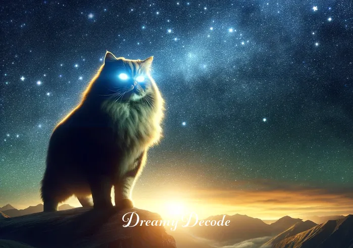 dream about cats meaning _ The dream transitions to show a large, majestic cat with glowing eyes standing atop a hill, overlooking a starry night sky. This powerful image symbolizes leadership, confidence, and a guiding presence in the dreamer