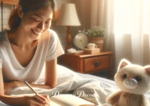 dream about cats meaning _ The final scene depicts the dreamer waking up, smiling and jotting down notes in a journal by the bedside, with a plush cat toy nearby. This serene morning scene conveys a sense of reflection and the importance of remembering and interpreting dreams.