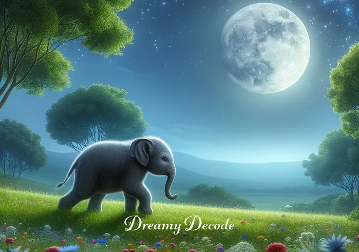 baby elephant dream meaning hindu _ A serene night sky, with a full moon casting a soft glow over a tranquil landscape. In the foreground, a baby elephant walks gently through a lush, green meadow filled with colorful wildflowers. The elephant