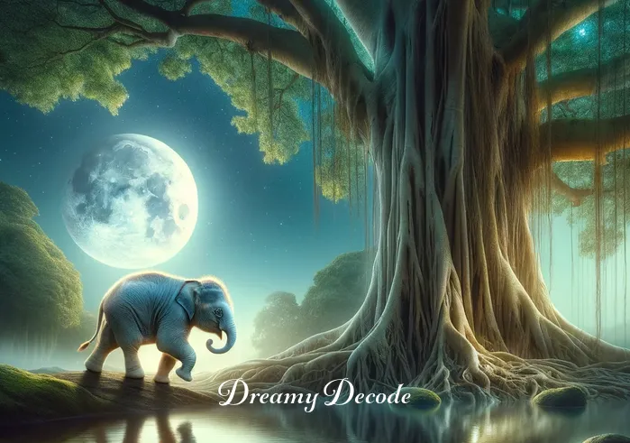 baby elephant dream meaning hindu _ A dreamlike scene showing the same baby elephant standing at the edge of a calm, sparkling river. The reflection of the moon dances on the water