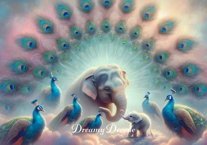 baby elephant dream meaning hindu _ An ethereal setting where the baby elephant is seen interacting with a group of peacocks, their vibrant feathers fanned out in a dazzling display. This represents harmony and beauty in the natural world. The background is a blend of soft pastels, creating an atmosphere of peace and spiritual growth.