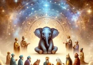 baby elephant dream meaning hindu _ A mystical scene depicting the baby elephant under the starry sky, surrounded by a soft, golden aura. A group of Hindu sages, depicted in traditional attire, sit in a semi-circle around the elephant, offering blessings. This symbolizes enlightenment, spiritual guidance, and the interconnectedness of all life.
