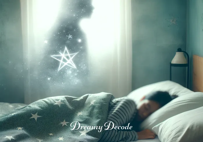 dream meaning cats _ A serene bedroom scene with a person sleeping peacefully under a star-patterned blanket. A shadowy figure of a cat, almost ethereal, is seen at the foot of the bed, symbolizing the beginning of a dream.