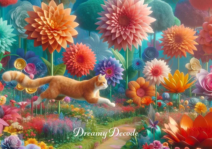 dream meaning cats _ The dream transitions to a lush, vibrant garden filled with oversized, colorful flowers. The cat, now a bright orange hue, playfully leaps among the flowers, representing exploration and curiosity in the dream.